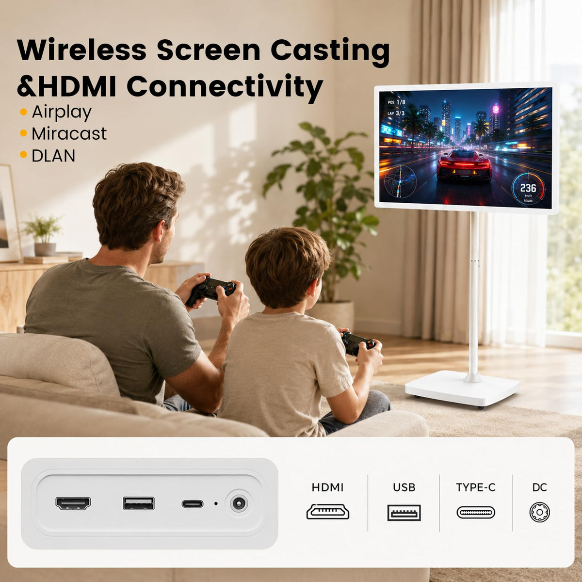 32" Portable Smart TV on Wheels, Rolling Touchscreen TV for Home, Office
