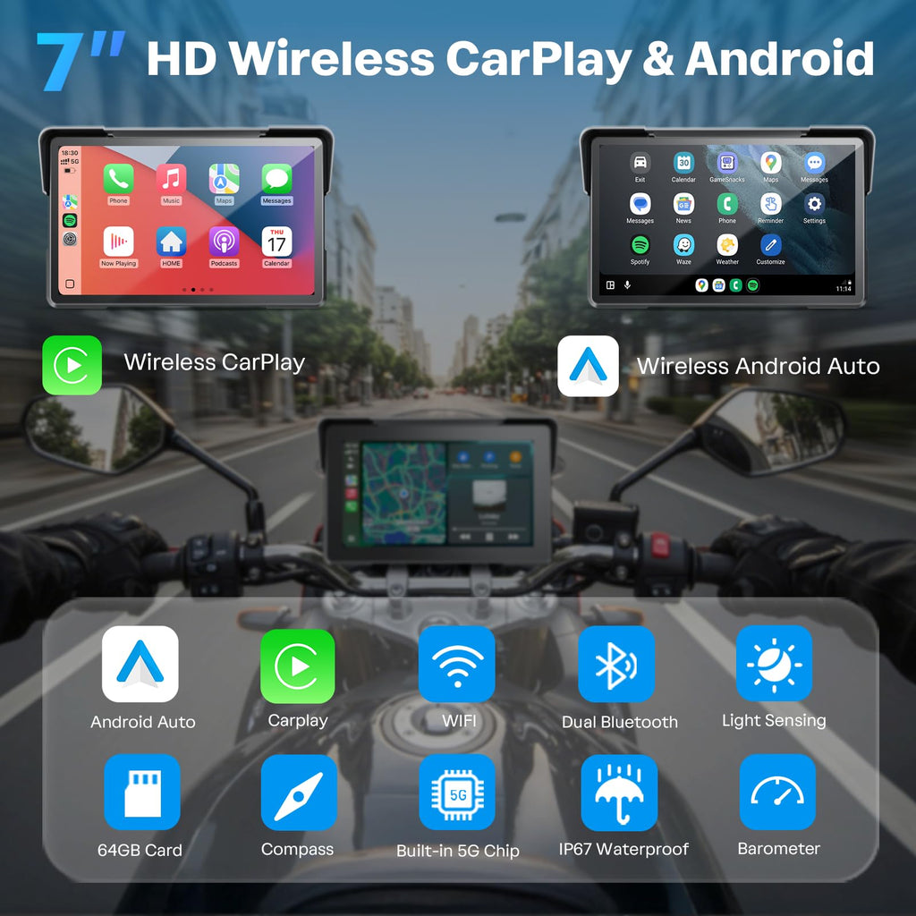 Motorcycle CarPlay Screen with Android Auto – 7” Waterproof GPS, Pantalla para Moto, Apple CarPlay, Navigation System for Motorcycle, Dual 4K Dash Cam Bluetooth Audio, BSD & TPMS