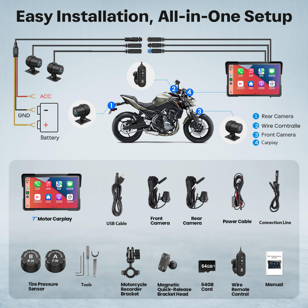 Motorcycle CarPlay Screen with Android Auto – 7” Waterproof GPS, Pantalla para Moto, Apple CarPlay, Navigation System for Motorcycle, Dual 2K Dash Cam Bluetooth Audio,64GB&TPMS with Magnetic