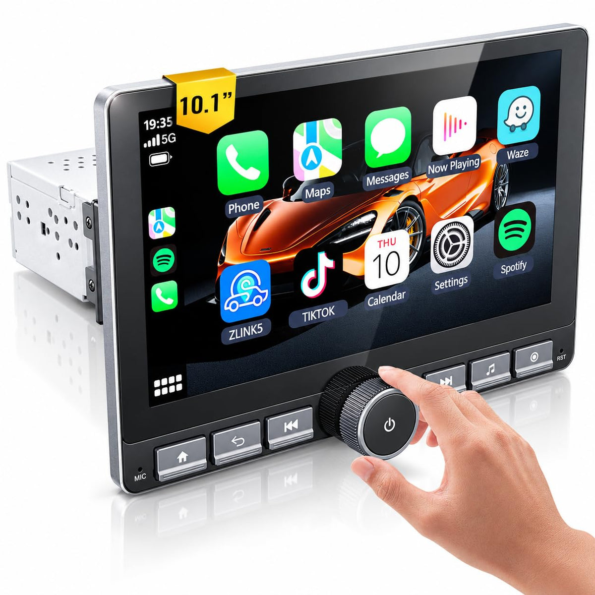 Haudio Single DIN Car Stereo with 10.1 Inch Rotating IPS Touchscreen, Wireless CarPlay and Android Auto, Android 13, 2GB+64GB, Volume Knob, Physical Buttons, GPS, WiFi, Bluetooth, DSP, AM/FM Radio RDS