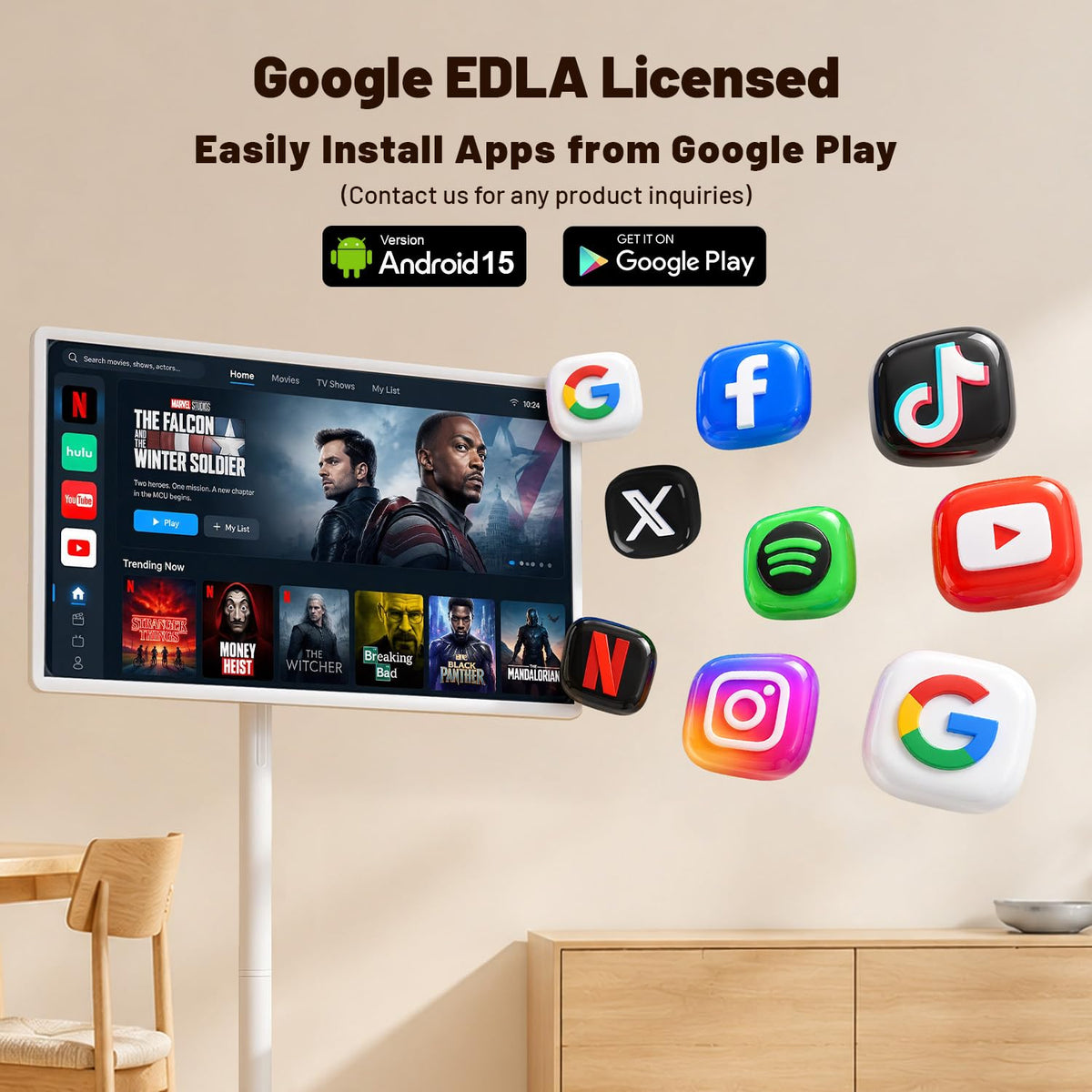 VLH 32 Inch Smart Portable TV Tablet with Rolling Stand, 1080P Touch Screen Rolling TV, Built-in 38400mAh Battery, Android 15, 8+128GB Wireless TV on Wheels with Remote, 360° Rotation, 5MP Camera