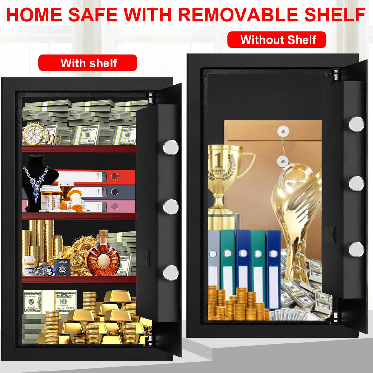 Fire Proof Safe for Home Documents, Safe Box Fireproof Waterproof with Electronic Keypad, Spare Keys and Alert System, Digital Home Safes Water and Fireproof for Office Money Valuables Large 6.0 Cuft
