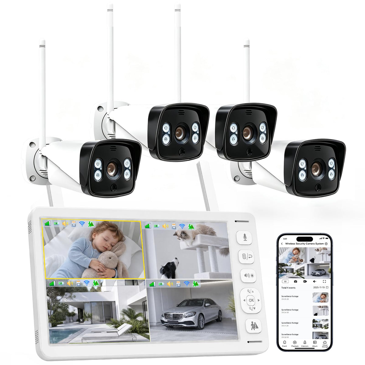 VTimes Smart Home Security Camera System Wireless Outdoor with Monitor