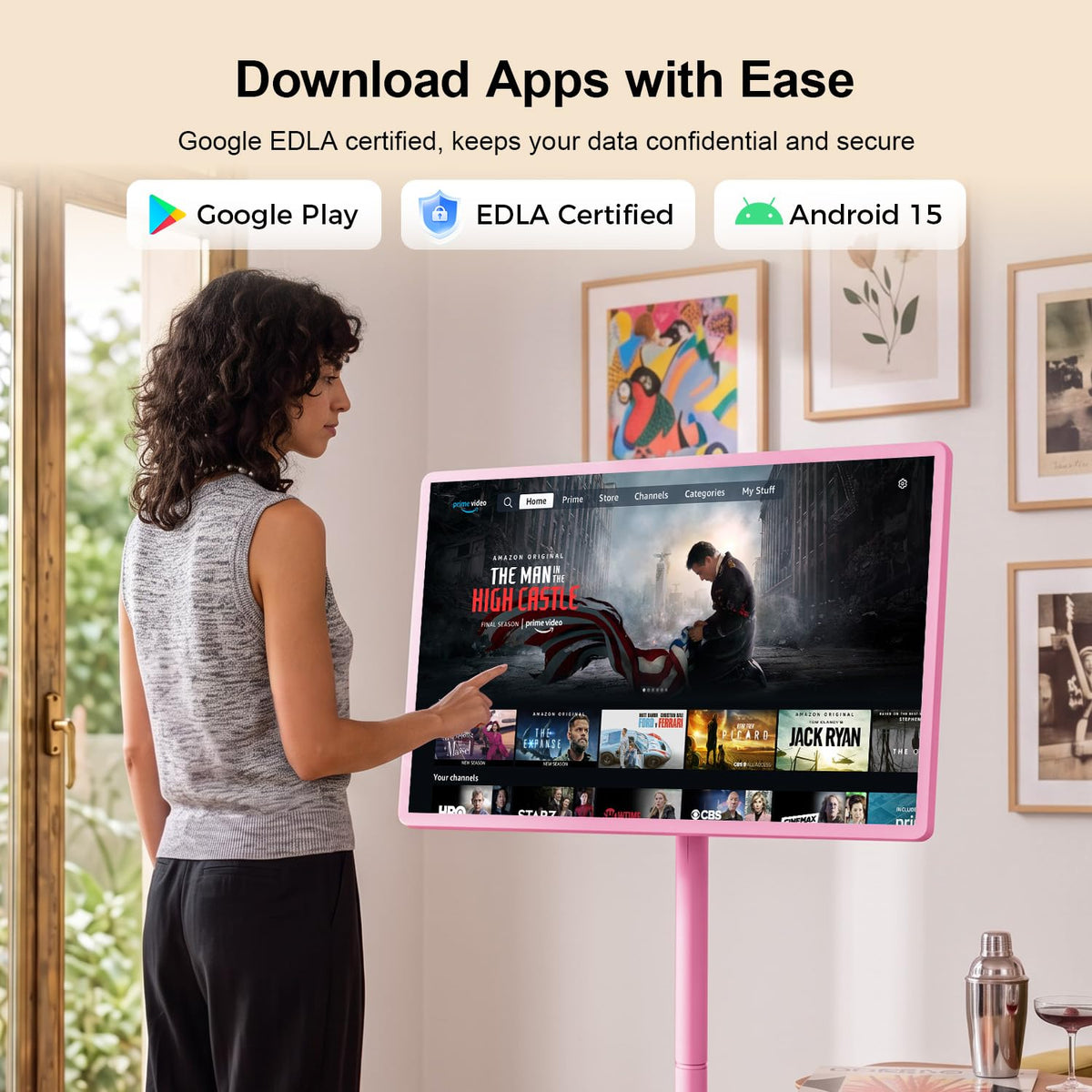 32" Portable Smart TV with Android 15, 1080P Touch Screen Monitor on Wheels, EDLA-Certified, 8GB+128GB Storage, 5MP Camera, 10H Playing Time, Rotatable Display, Wireless Casting, Voice Remote Control