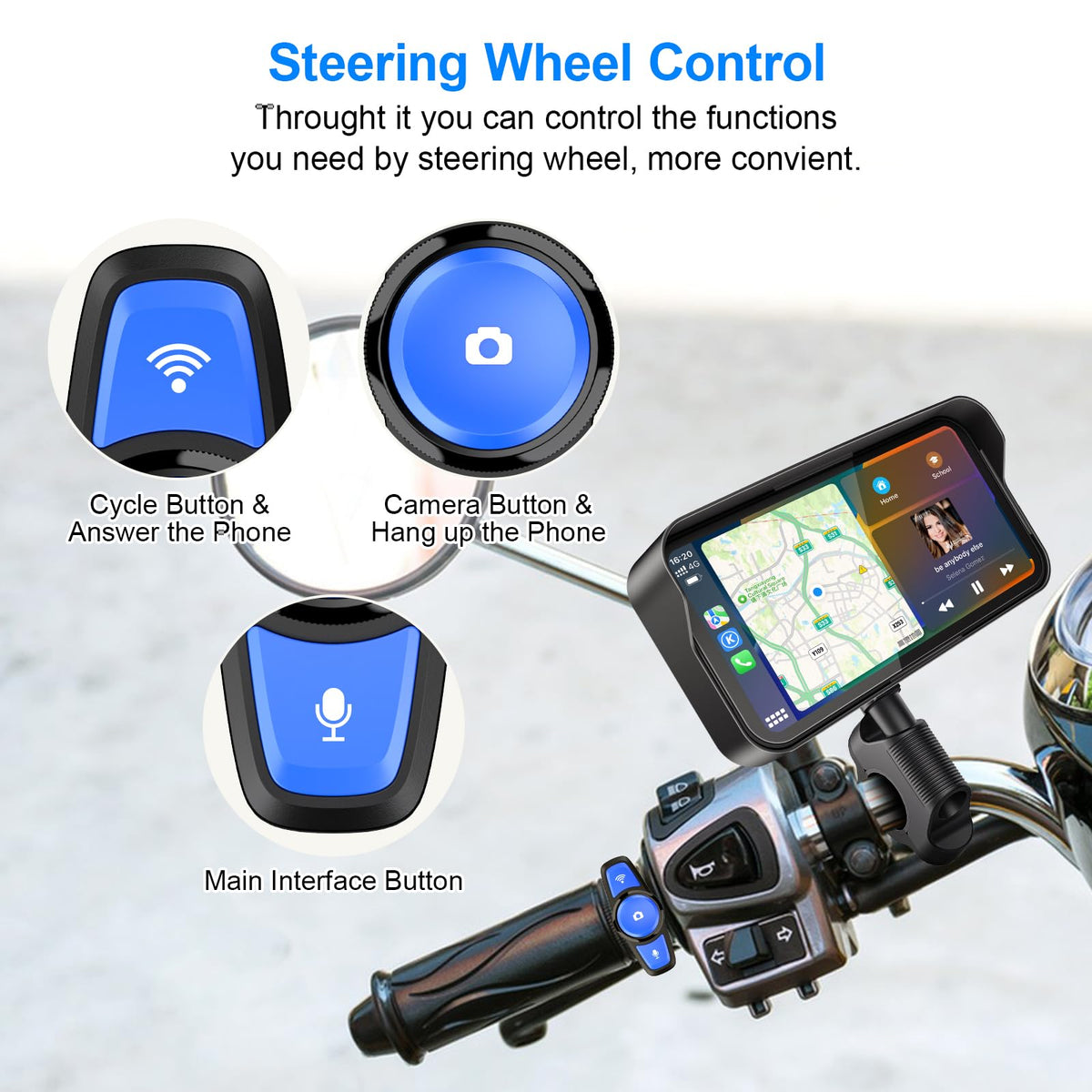 6.25" Motorcycle Carplay with HD Waterproof Touchscreen, Android Auto, TPMS, GPS Navigation System, Dash Cam, Remote Control, Loop Recording, Support Siri, Bluetooth, Inclued 128G SD Card