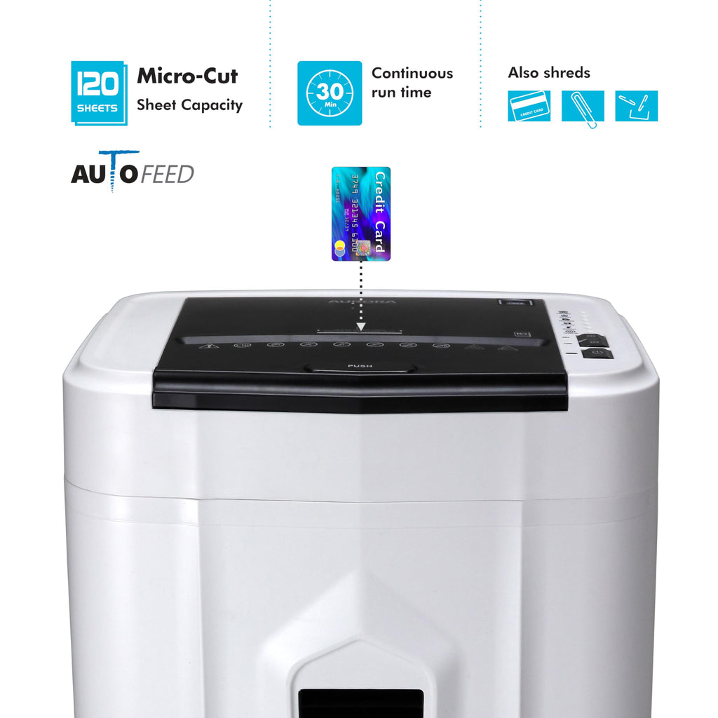Aurora Professional Grade 120-Sheet Auto Feed Micro-Cut Paper and Credit Card Shredder with 5 Gallon Pullout Basket / 30 Minutes/Security Level P-4 (White/Black)