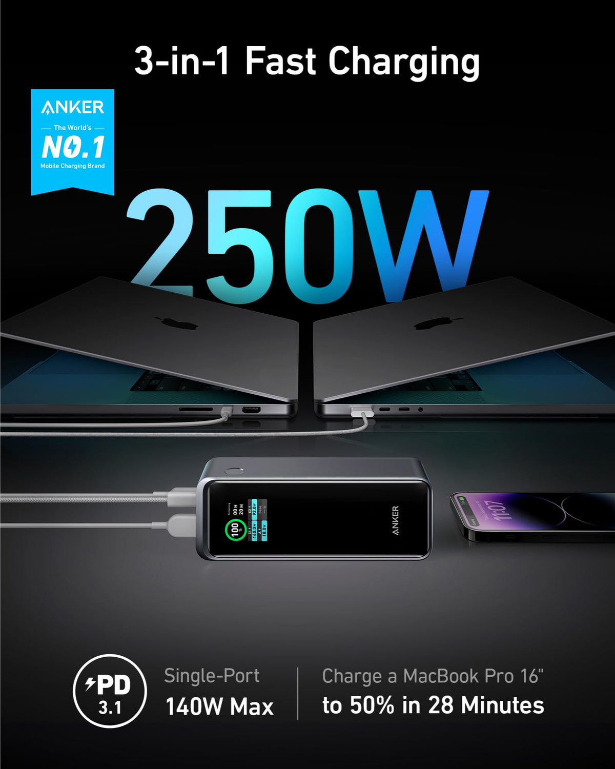 Anker Prime Power Bank, 27,650mAh 250W, 3-Port Portable Charger for Travel
