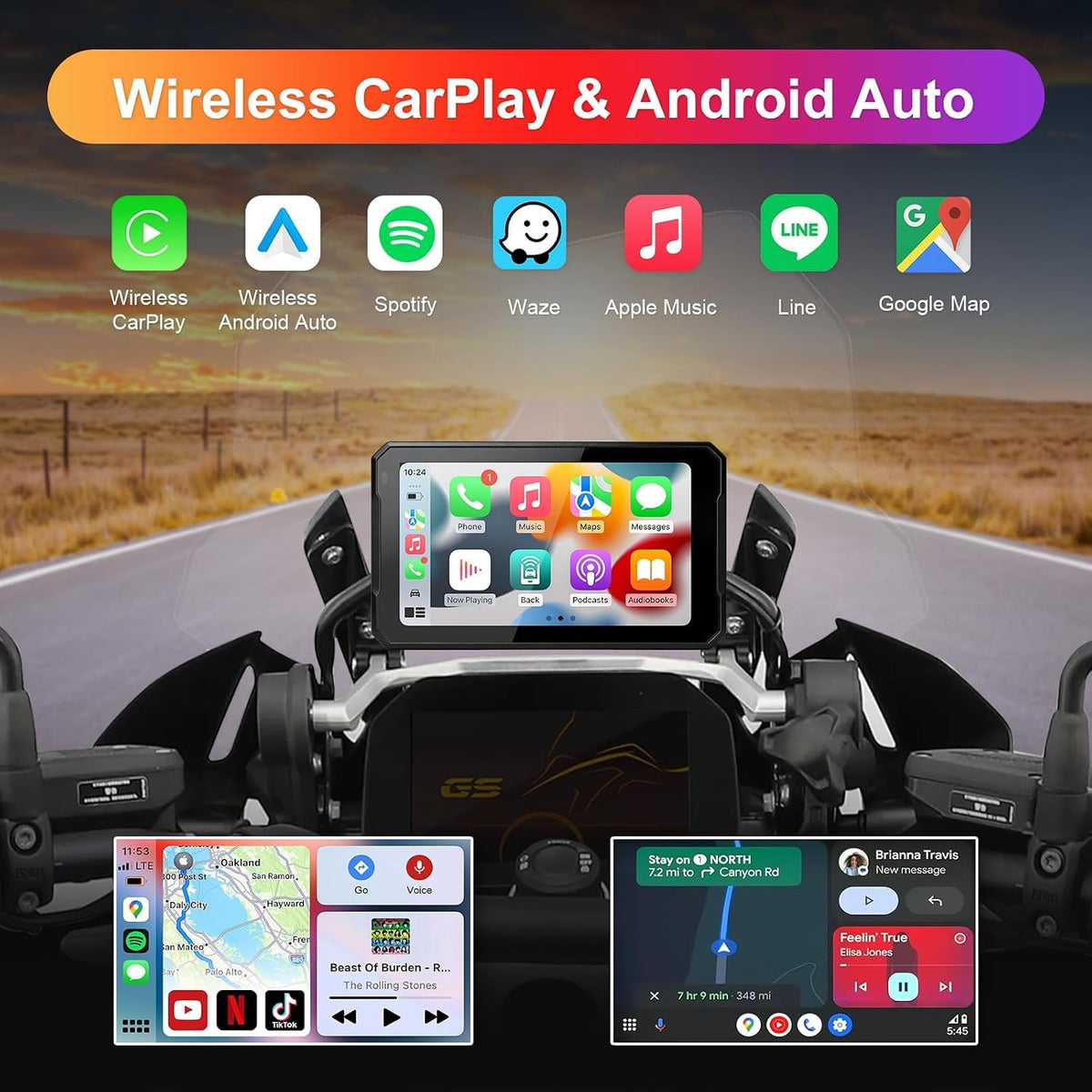 Motorcycle GPS CarPlay for BMW with Waterproof Touchscreen, 7" Portable Moto Radio Carplay/Android Auto， GPS Navigation for Motorbike, Dual Bluetooth, Native Wonder Wheel Control, Data Reading, TPMS