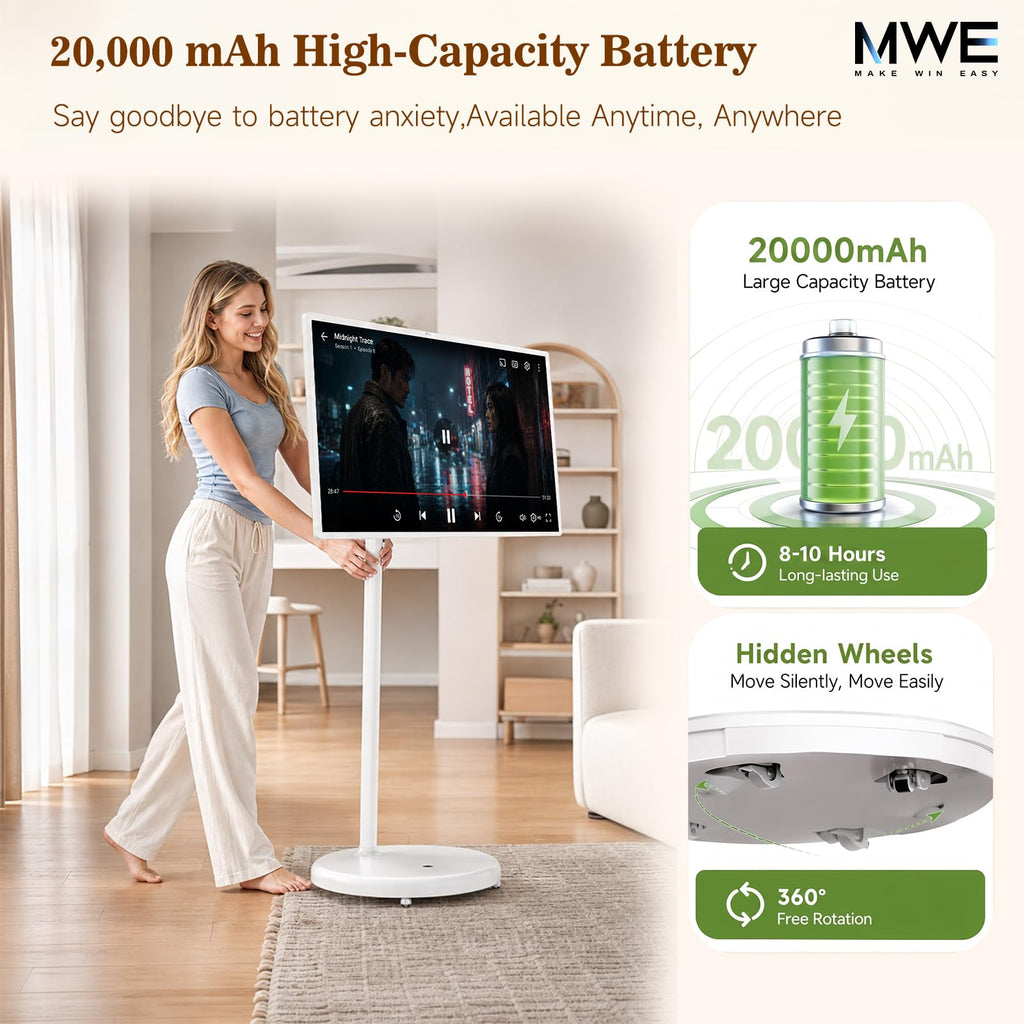 Zarael 43 Inch Smart Portable TV, 4K Touchscreen Display with Built-in 20000mAh Battery, Android 14, 8GB RAM 128GB Storage, WiFi and Bluetooth, for Home Entertainment and Workouts