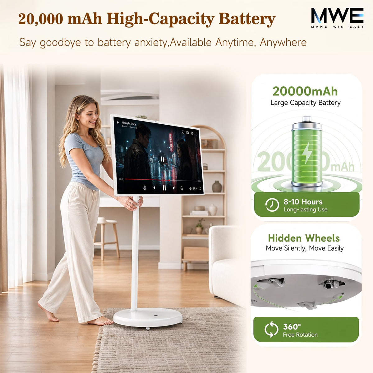 Zarael 43 Inch Smart Portable TV, 4K Touchscreen Display with Built-in 20000mAh Battery, Android 14, 8GB RAM 128GB Storage, WiFi and Bluetooth, for Home Entertainment and Workouts
