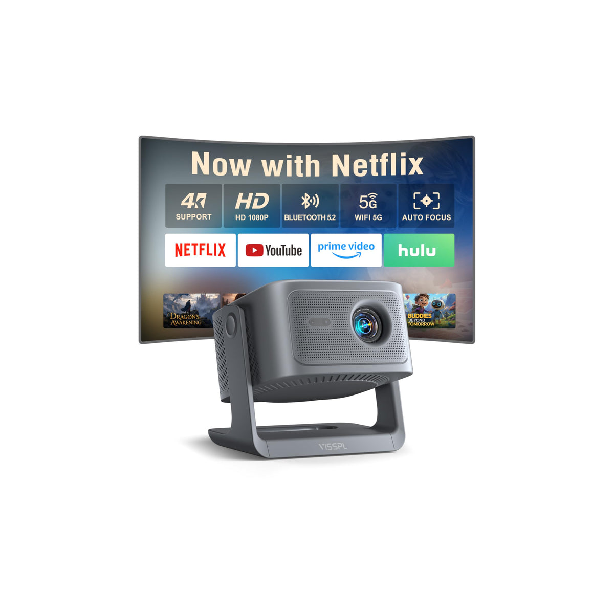 【Google TV & 4K】Smart Projector with WiFi and Bluetooth, VISSPL AI Auto Focus & Auto Keystone Portable Outdoor Projector, Voice Control Movie Gaming Projectors for Bedroom/Ceiling