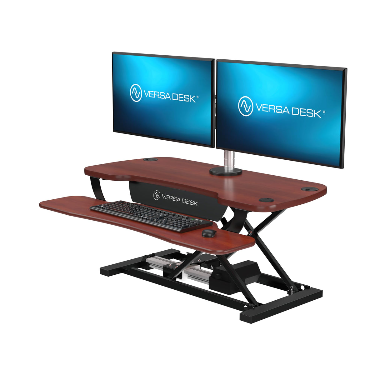 PowerPro 40 Inch Electric Standing Desk Converter – Push-Button Height Adjustable Sit to Stand Desk Riser for Triple Monitors & Laptop – Motorized Desktop Workstation with Wide Keyboard Tray