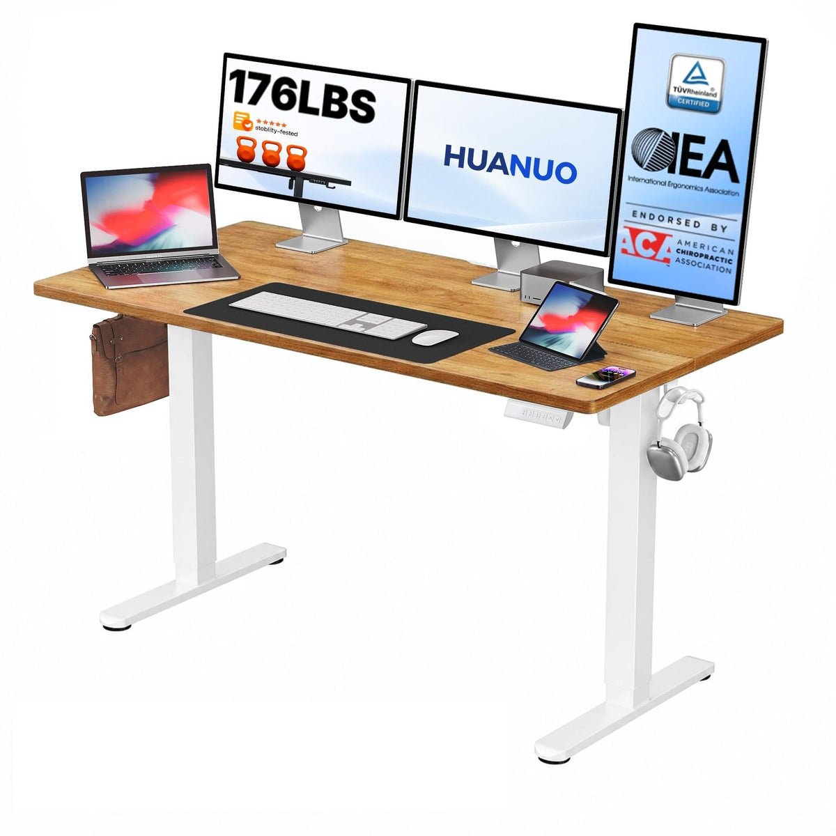 HUANUO 55x28 Inch Electric Standing Desk, Adjustable, Light Vintage Brown