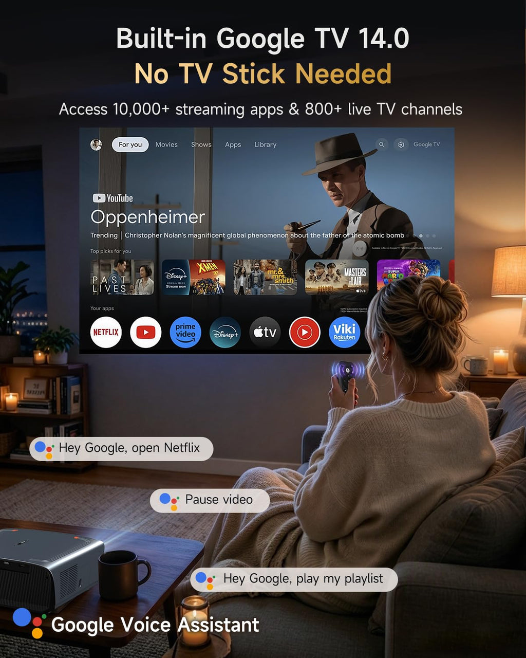 Google TV 4K Smart Projector Daylight Home Theater 2400 ANSI Lumen，38W Dolby Audio, ToF Auto Focus & Auto Keystone, Short Throw, WiFi 6, Bluetooth, HDMI ARC/CEC, NFC