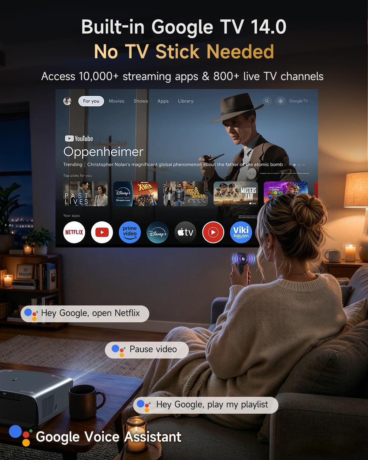 Google TV 4K Smart Projector Daylight Home Theater 2400 ANSI Lumen，38W Dolby Audio, ToF Auto Focus & Auto Keystone, Short Throw, WiFi 6, Bluetooth, HDMI ARC/CEC, NFC
