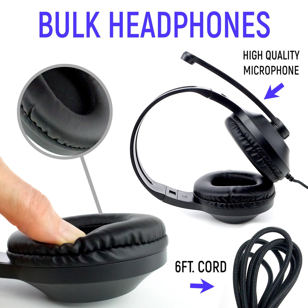 Classroom Headphones with Microphone Bulk 24-Pack, Wired Black Class Set