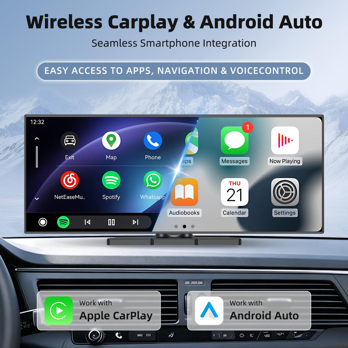 13 Inch Wireless CarPlay Screen for Car with Apple CarPlay & Android Auto