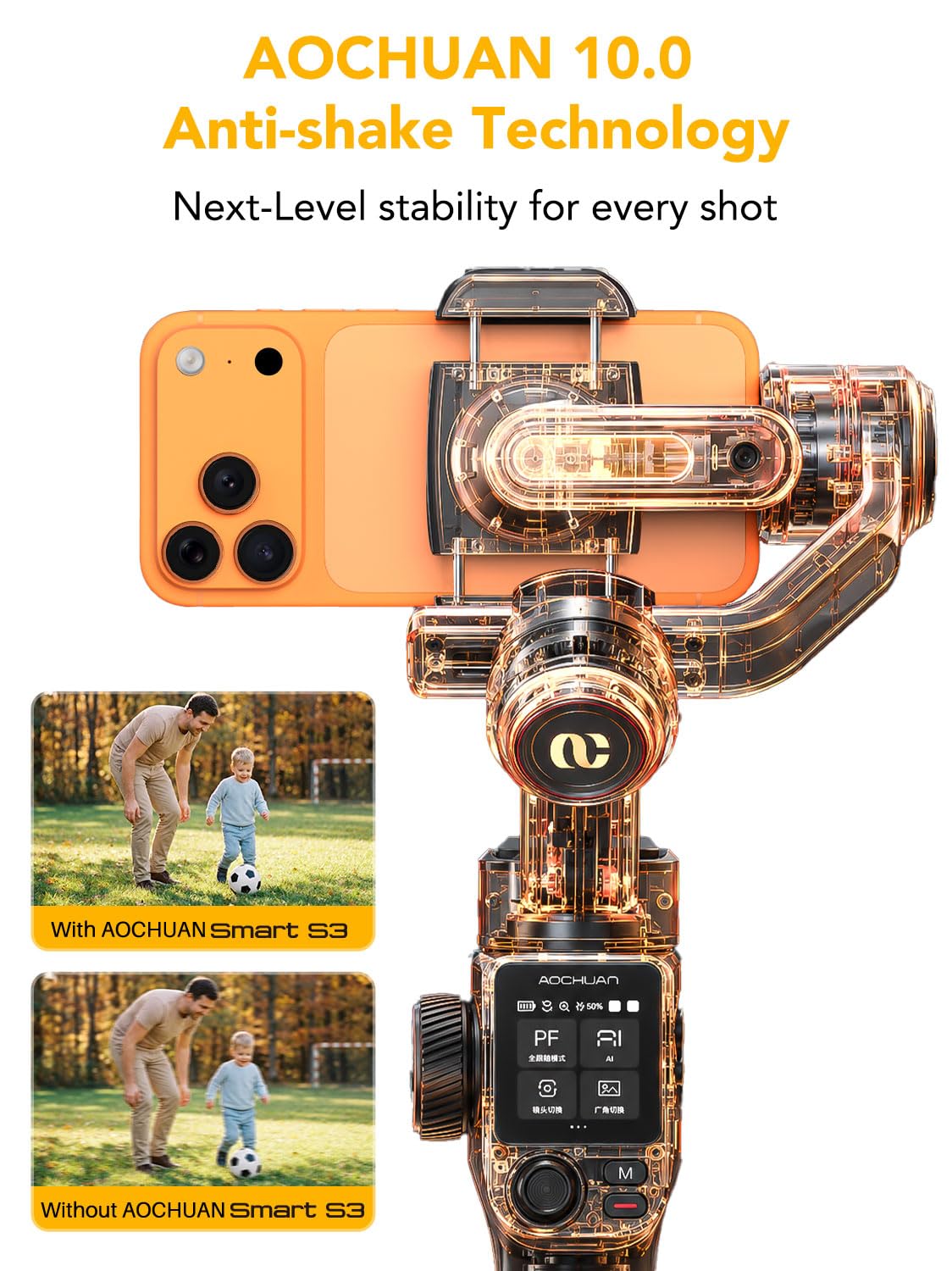 AOCHUAN Smart S3 Gimbal Stabilizer for iPhone & Android, Dual AI Tracking