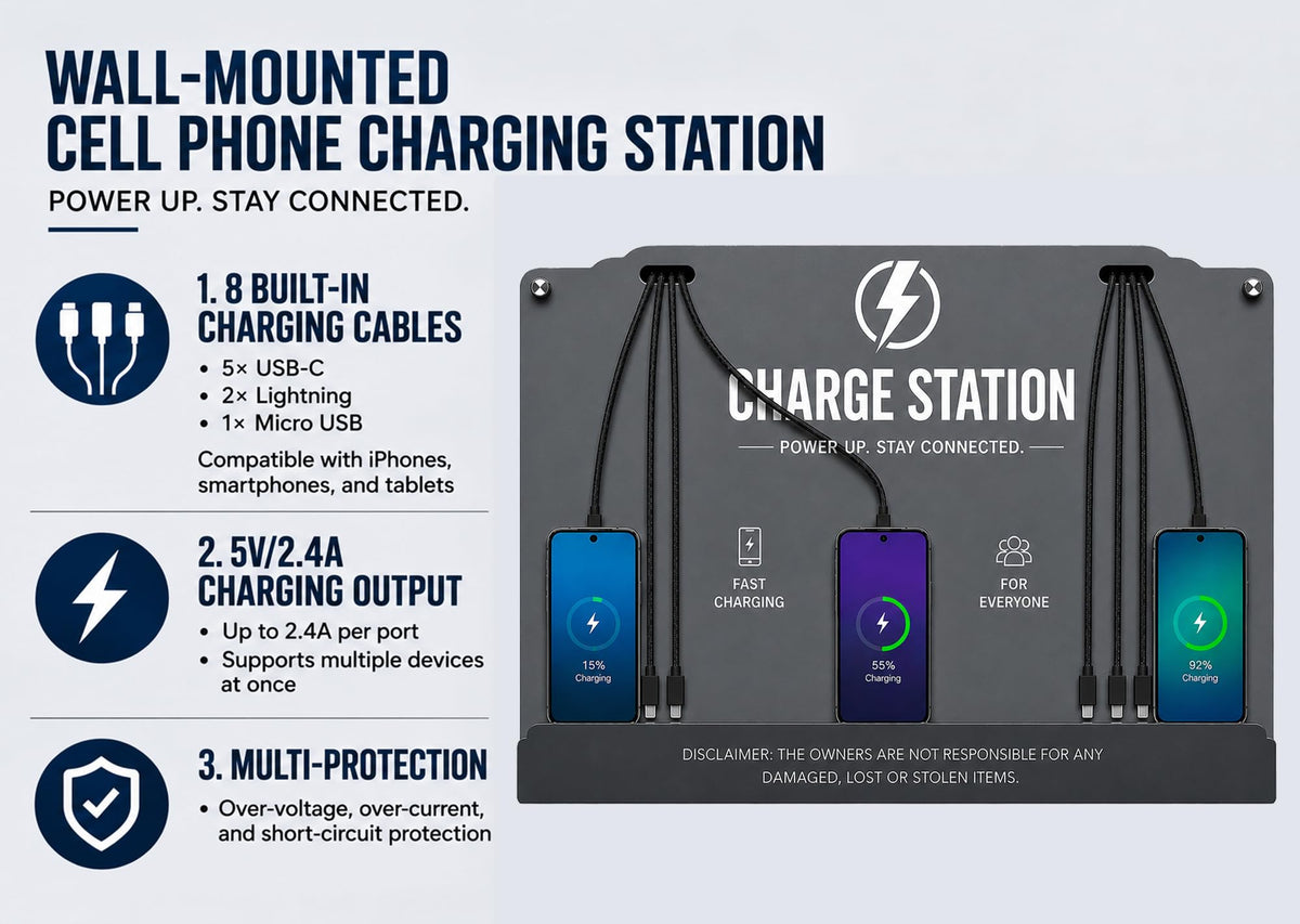 Wall Mounted Cell Phone Charging Station 8 Charging Cables 5V2.4A