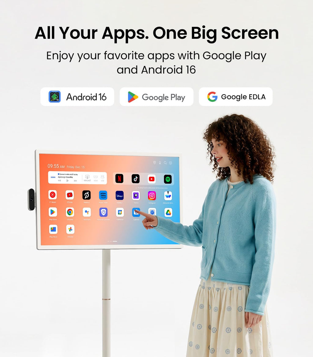 ApoloSign 32 Inch FHD Smart Portable TV on Wheels, Android 16 EDLA Certified, 128GB Storage, Built-in 15000mAh Battery, Voice Remote, Touch Screen TV with Rolling Stand for Home, Office - Gen2