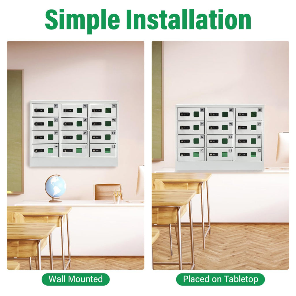 12 Slots Cellphone Locker, Cellphone Locker with Combination Lock Phones Storage Pocket Cellphone Charging Station with 3 in 1 Charging Ports for Schools, Gyms, Employee Cabinets