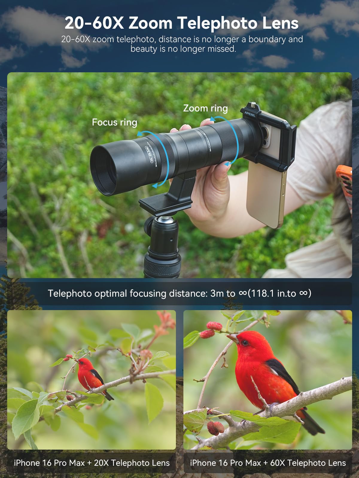 MIAO LAB 20-60X Zoom Telephoto Lens, High Power Telephoto Mobile Cell Phone Lens with Tripod & Universal Phone Clip, for iPhone 17/16/15/14/13 Series, Samsung, Android and Most Smartphone