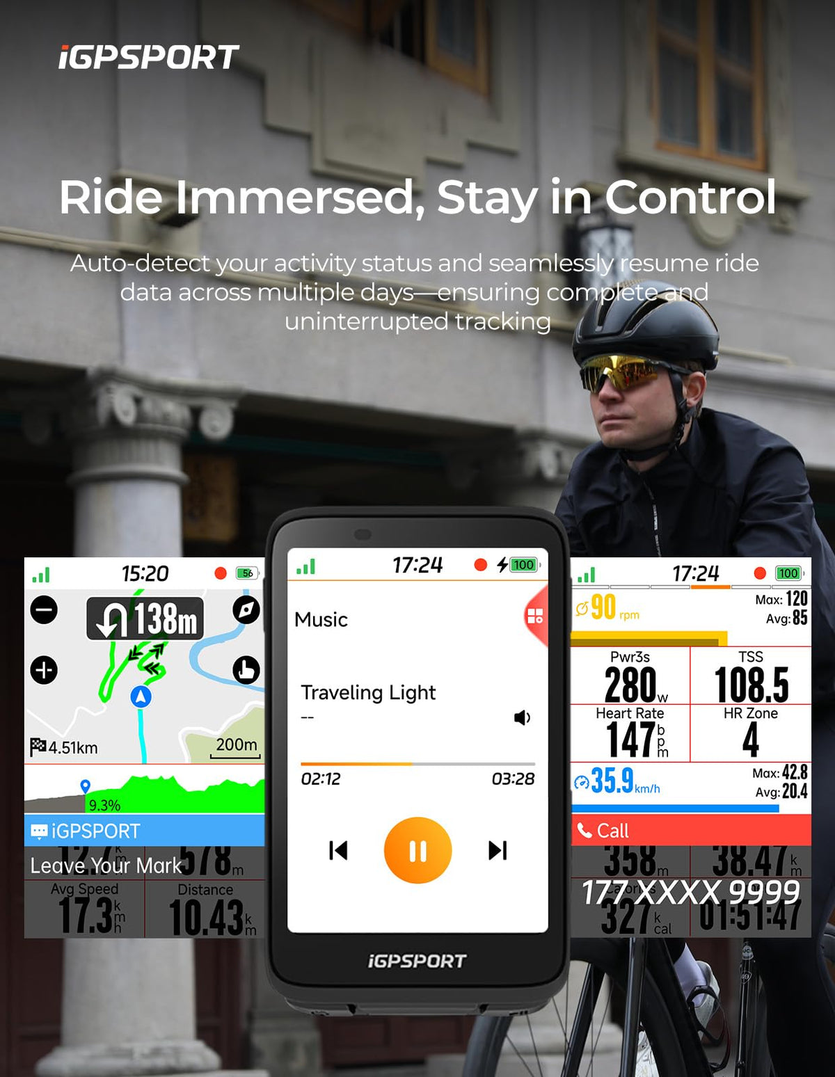 iGPSPORT BiNavi Bike Computer, 3.5‘’ Touch Screen Map Navigation Music Control Climb Tips, Wireless GPS Cycling Computer