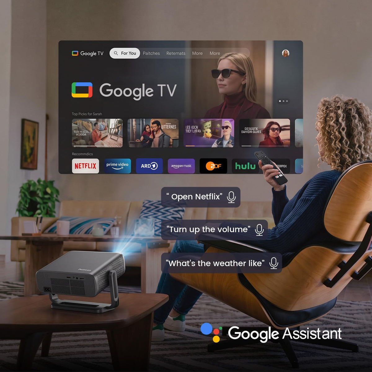 [Bundled with Google TV Stick & 3000 ANSI] Smart 4K Projector with WiFi and Bluetooth, Auto Lens Cover, AI Auto Focus, Portable Outdoor Movie Projector with Built-in Apps for Home Theater Bedroom
