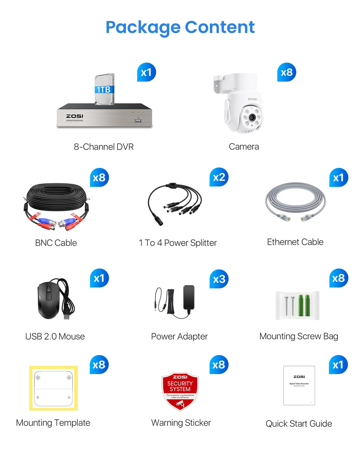 ZOSI 5MP Wired Security Camera System, 8pcs 2MP Pan/Tilt Cameras, 1TB HDD
