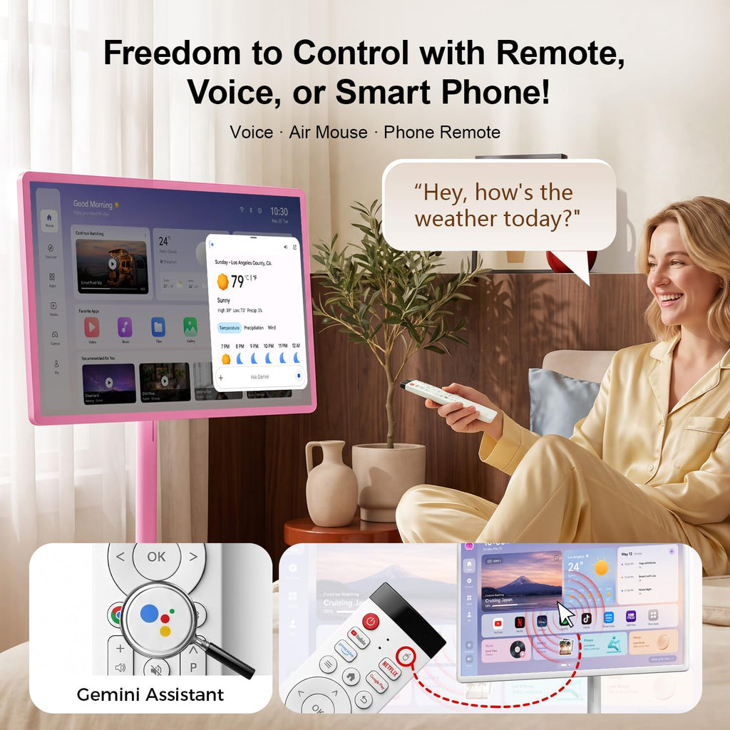 32" Portable Smart TV with Android 15, 1080P Touch Screen Monitor on Wheels, EDLA-Certified, 8GB+128GB Storage, 5MP Camera, 10H Playing Time, Rotatable Display, Wireless Casting, Voice Remote Control