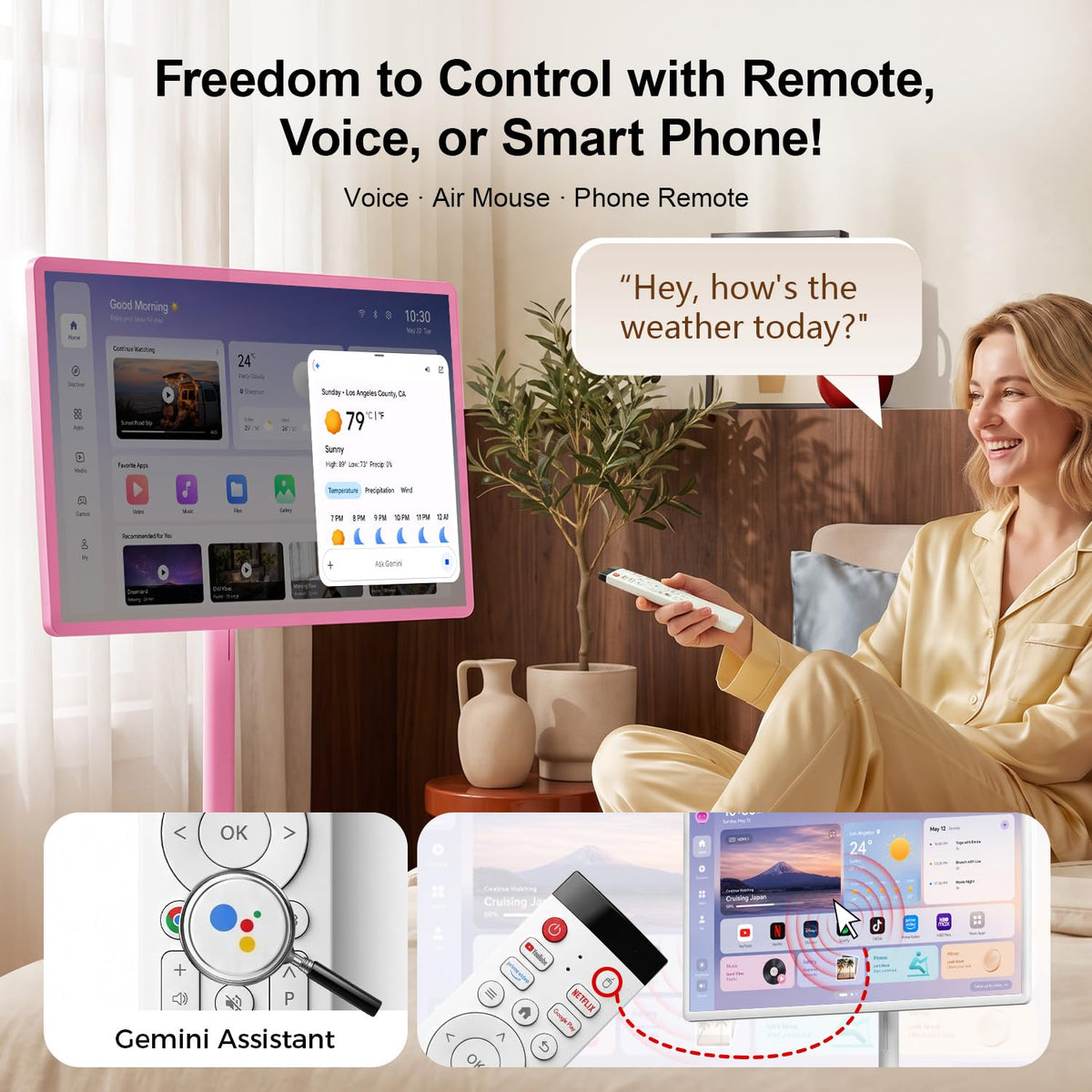 32" Portable Smart TV with Android 15, 1080P Touch Screen Monitor on Wheels, EDLA-Certified, 8GB+128GB Storage, 5MP Camera, 10H Playing Time, Rotatable Display, Wireless Casting, Voice Remote Control