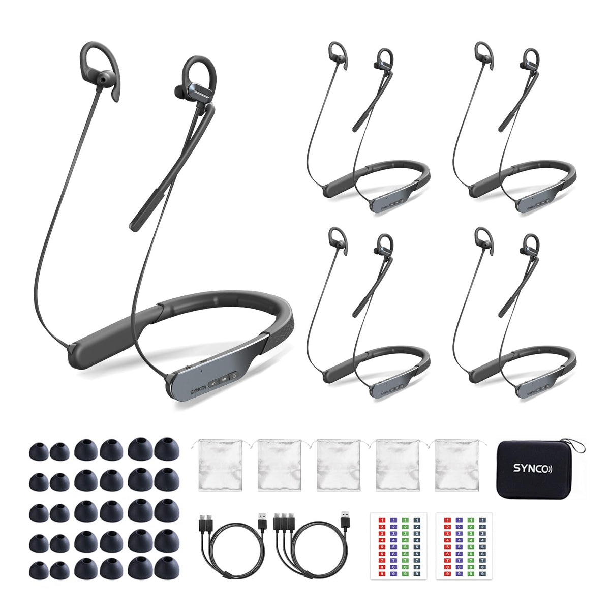 SYNCO Xtalk S5 Wireless Intercom Headset System, 5-Pack, in-Ear Neckband