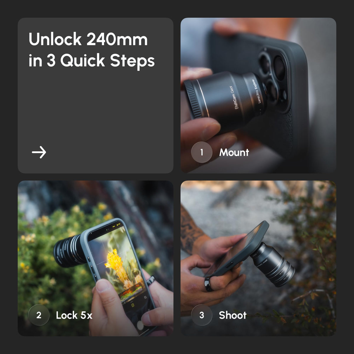 ShiftCam LensUltra 240mm Super Zoom Telephoto Full Kit for iPhone & Android – 240mm Tele Lens + 4 Macro Converters + 3 Filters – Complete Long-Reach + Close-Up System for Distance & Detail Photography