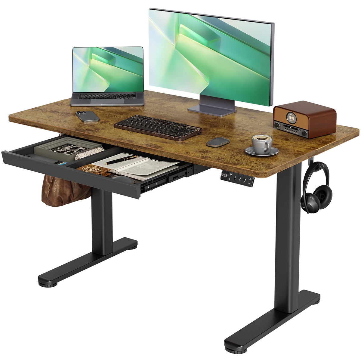 Claiks Electric Height Adjustable Standing Desk with Drawers, 63 x 24 Inch Sit Stand Desk for Home Office, Computer Desk Workstation,Black