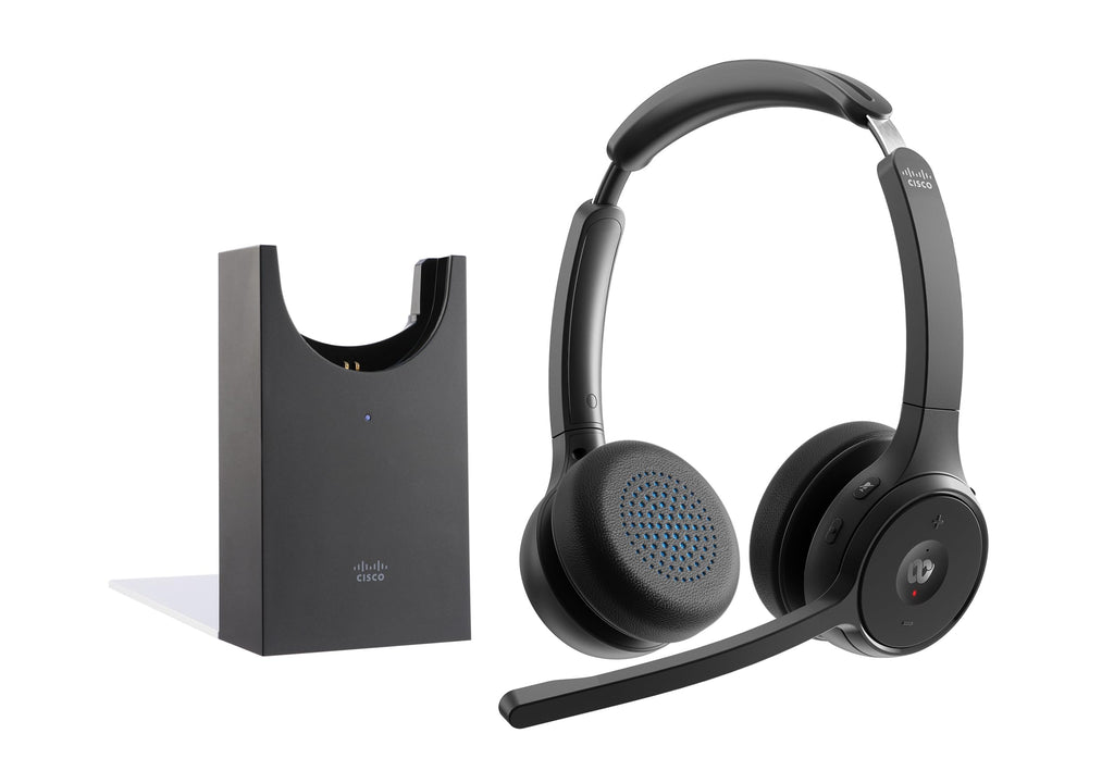 Cisco Headset 722, Wireless Dual On-Ear Bluetooth Headphones, Webex Button, USB-A HD Bluetooth Adapter, Soft Case, Charging Stand, Carbon Black, 2-Year Limited Liability Warranty (HS-WL-722-BUNAS-C)