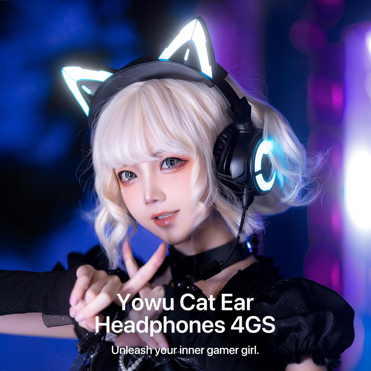 YOWU Cat Ear Headphones 4GS - RGB Gaming Headset with Mic & 2.4G USB/Type C Dongle for PC/PS4/PS5/XBOX/Switch, Wired/Wireless Bluetooth Headphones(Black)