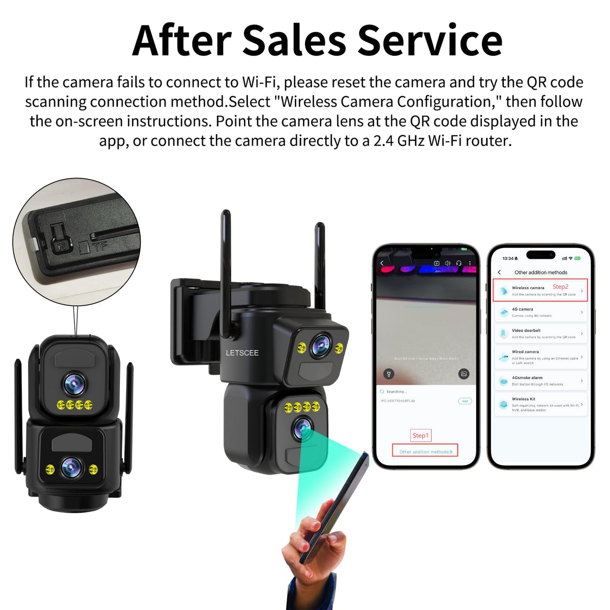 LETSCEE Dual Lens Security Cameras Wireless Outdoor，Solar Cameras for Home Security，Motion Detection,Night Vision,No Month Fee,IP65 Water Proof