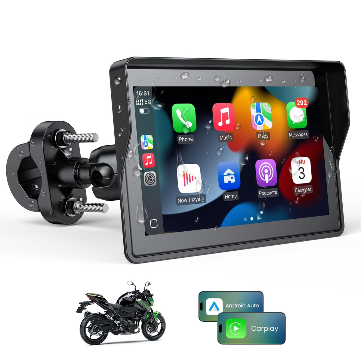 Motorcycle CarPlay Screen with Android Auto – 7” Waterproof GPS, Pantalla para Moto, Apple CarPlay, Navigation System for Motorcycle, Dual 2K Dash Cam Bluetooth Audio,64GB&TPMS with Magnetic