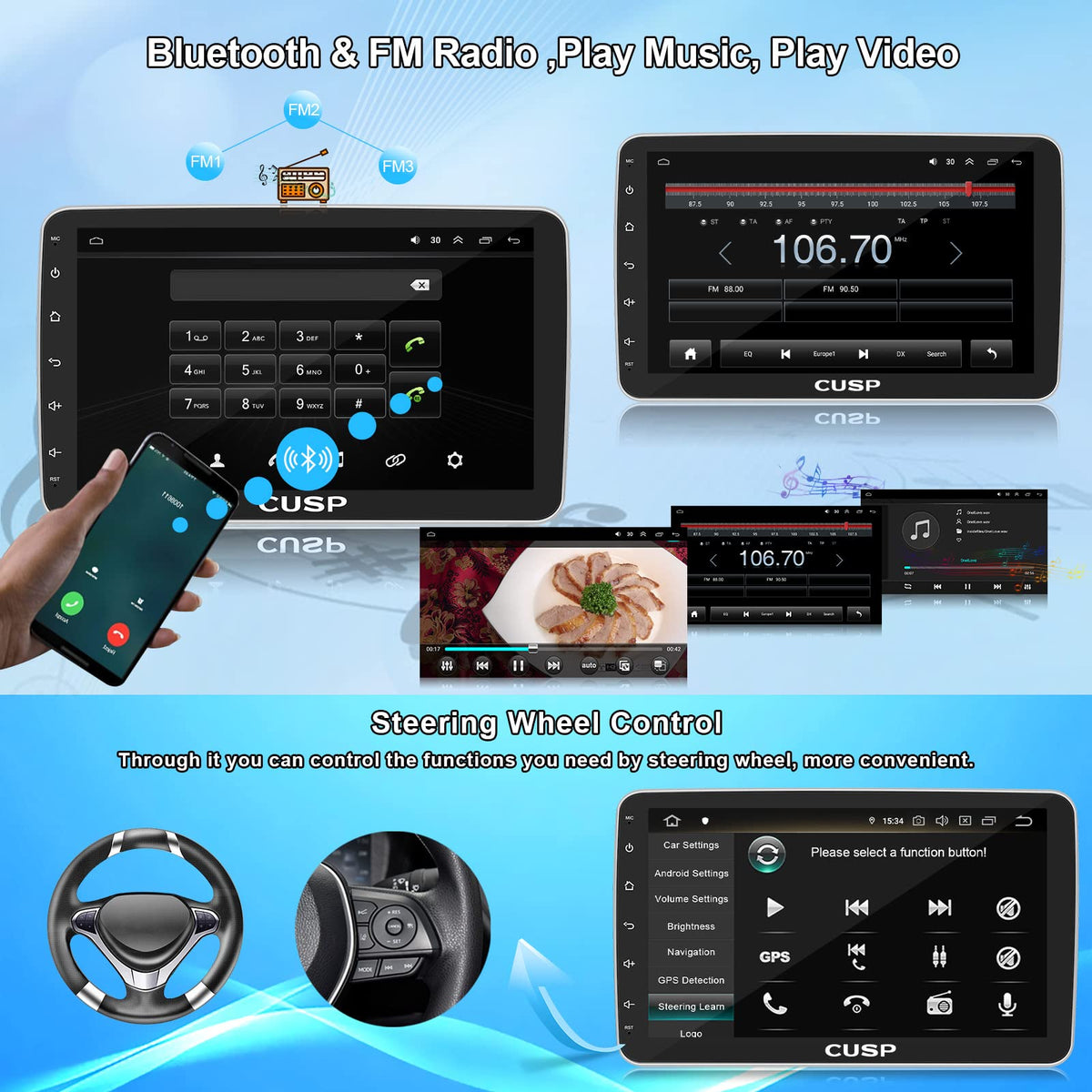 CUSP 10.1 Inch Android Car Stereo Radio, Double Din Touchscreen Head Unit with Wireless CarPlay Android Auto, 1280×720 QLED Display,GPS Navigation,Bluetooth,WiFi,DSP,SWC,Backup Camera,Manual Rotation