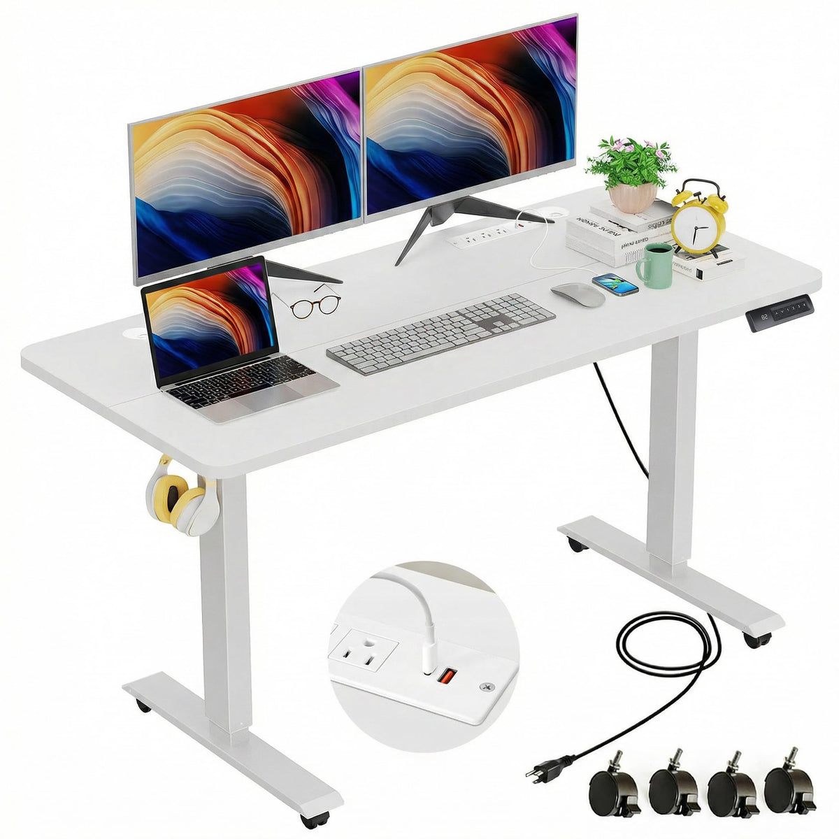 farexon 48 x 24 inch Standing Desk Electric Adjustable Height with Power Outlets, Stand up Desk with Wheels, Preset Heights Home Office Gaming Computer Workstations Table（Oak
