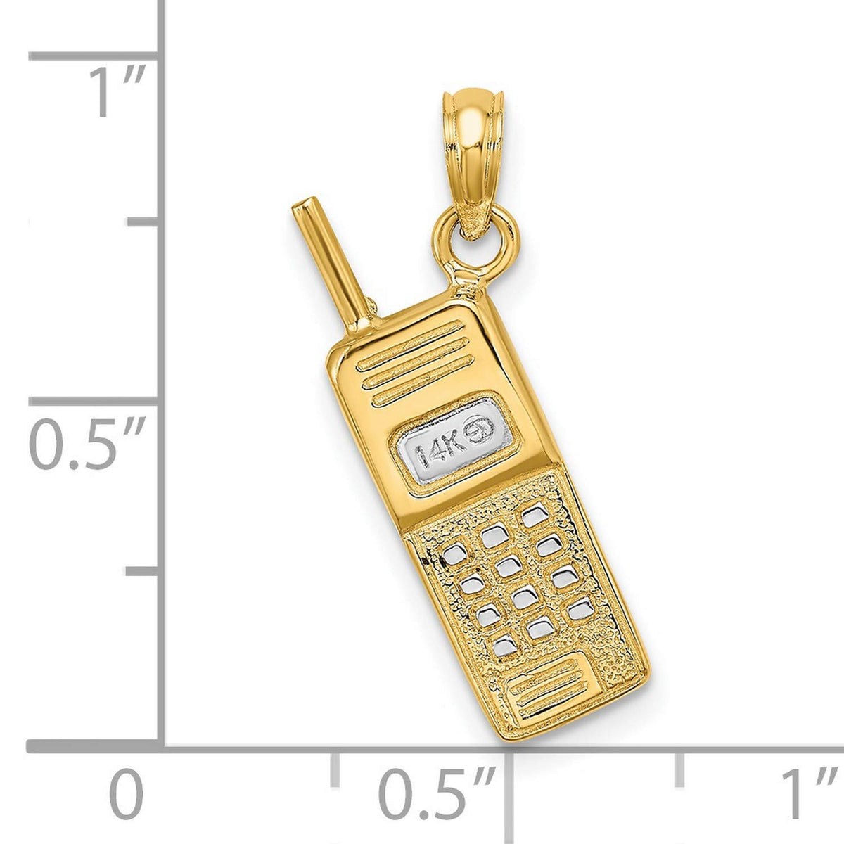14k Yellow Gold Retro Cell Phone Pendant in Rhodium Two Tone Finish, Unisex Tech Jewelry Charm with Detailed Old School Design, Statement Hip Hop Accessory for Vintage 90s Style Enthusiasts