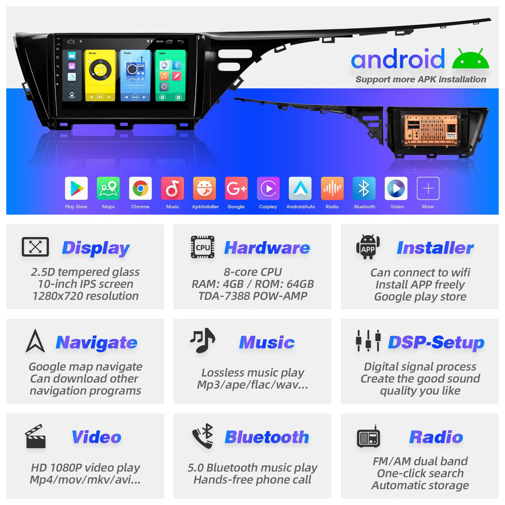 for Toyota Camry 2018 2019 2020 Radio Compatible with Wireless Carplay Android Auto,8-Core 4+64GB Head Unit Car Stereo Bluetooth Navigation GPS WIFI FM AM Multimedia Player Camera TouchScreen