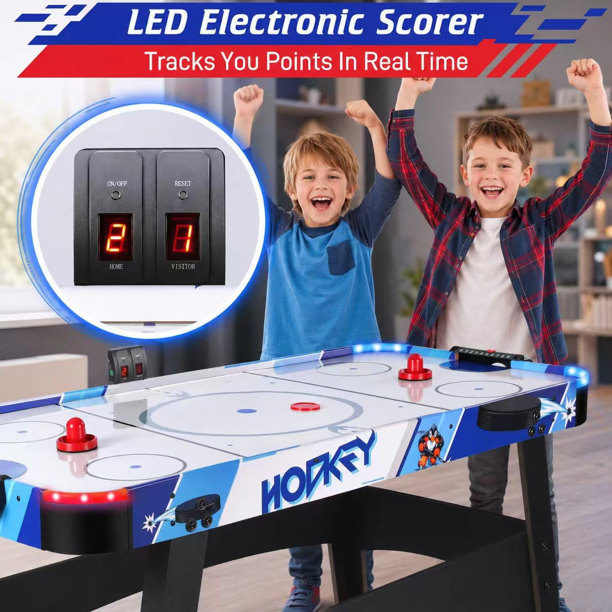 58" LED Light-Up Air Hockey Table - Arcade Style Air Hockey Game Set w/Accurate Electronic Scoring, Powerful 12V Motor for Game Room, Home & Office, Includes 2 Pucks & 2 Pushers