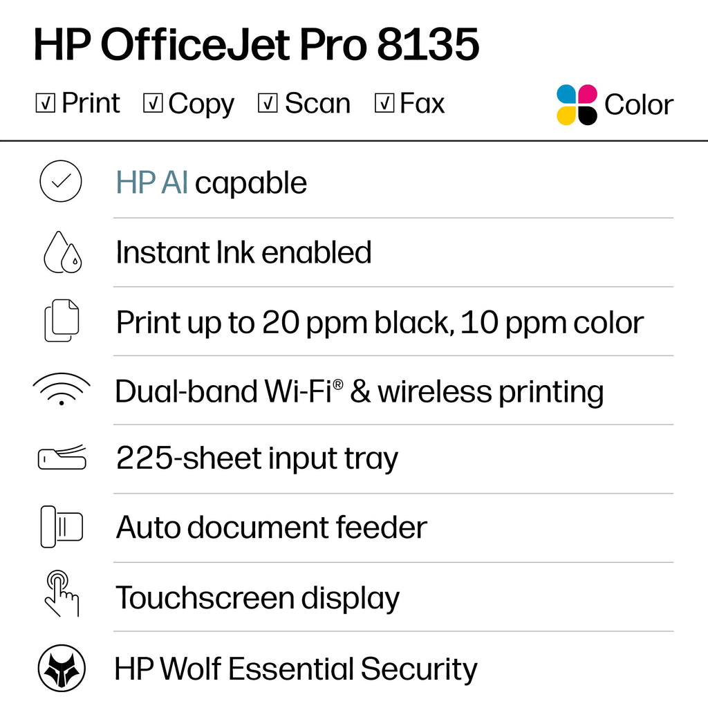 HP OfficeJet Pro 8135 Wireless All-in-One Color Inkjet Printer, Print, Scan, Copy, Fax, ADF, Duplex Printing Best-for-Home-Office, 3 Month Trial of Instant Ink Included, AI-Capable (C2VK1A)