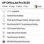 HP OfficeJet Pro 8135 Wireless All-in-One Color Inkjet Printer, Print, Scan, Copy, Fax, ADF, Duplex Printing Best-for-Home-Office, 3 Month Trial of Instant Ink Included, AI-Capable (C2VK1A)