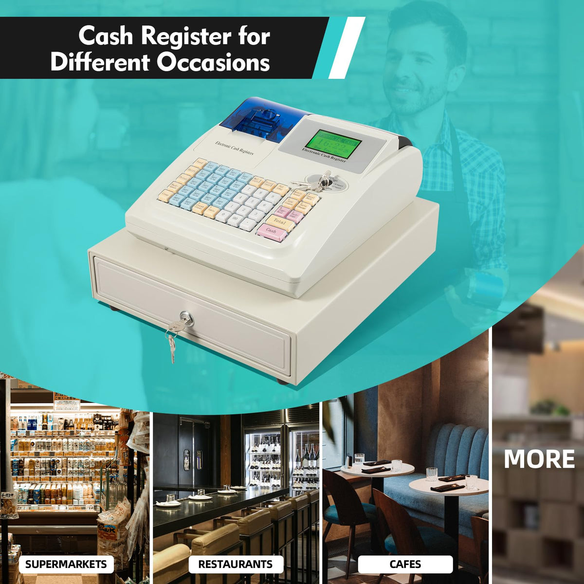 Electronic Cash Register, 48 Keys 8 Digital LED Cash Register