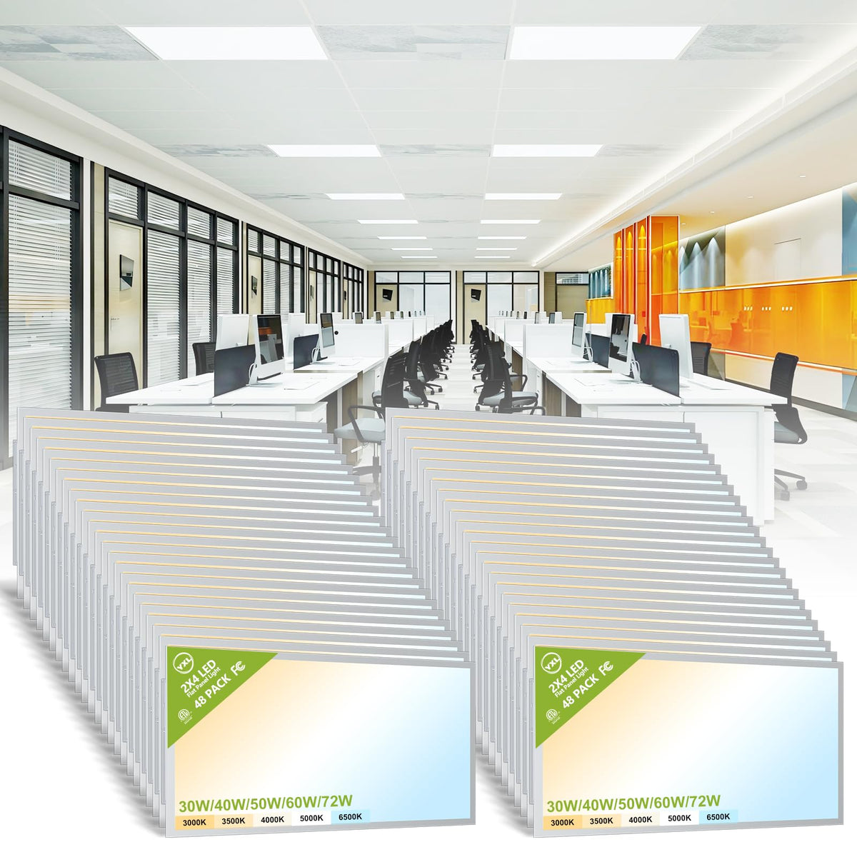 YXL 6 Pack 1x4 LED Flat Panel Light Office Light, 5200LM, 5CCT LED Drop Ceiling Light Fixture, 40W/35W/30W/25W/20W Selectable,6500K/5000K/4000K/3500K/3000K,Dimmable 0-10V,ETL