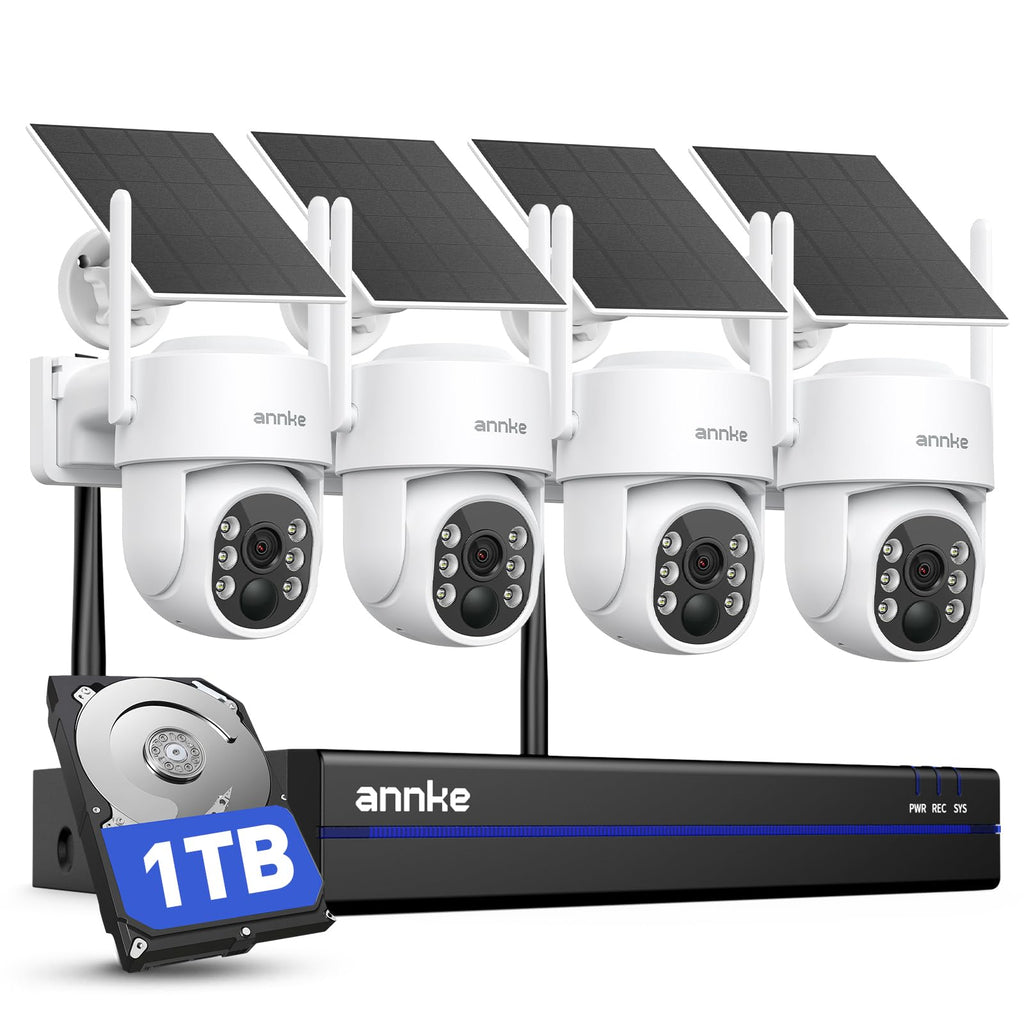 ANNKE Solar Camera System Wireless Outdoor PT, 4K NVR & 4X 4MP Cam, 1TB HDD