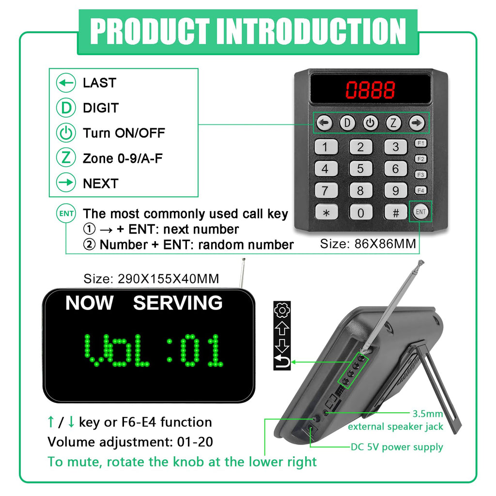 3-Digit Customer Number System Wireless Queue Calling System with 1 Keypad Caller 2 Now Serving Screens Real-Time Display Green Ticket Number for Office Clinic Bank Waiting Line Management
