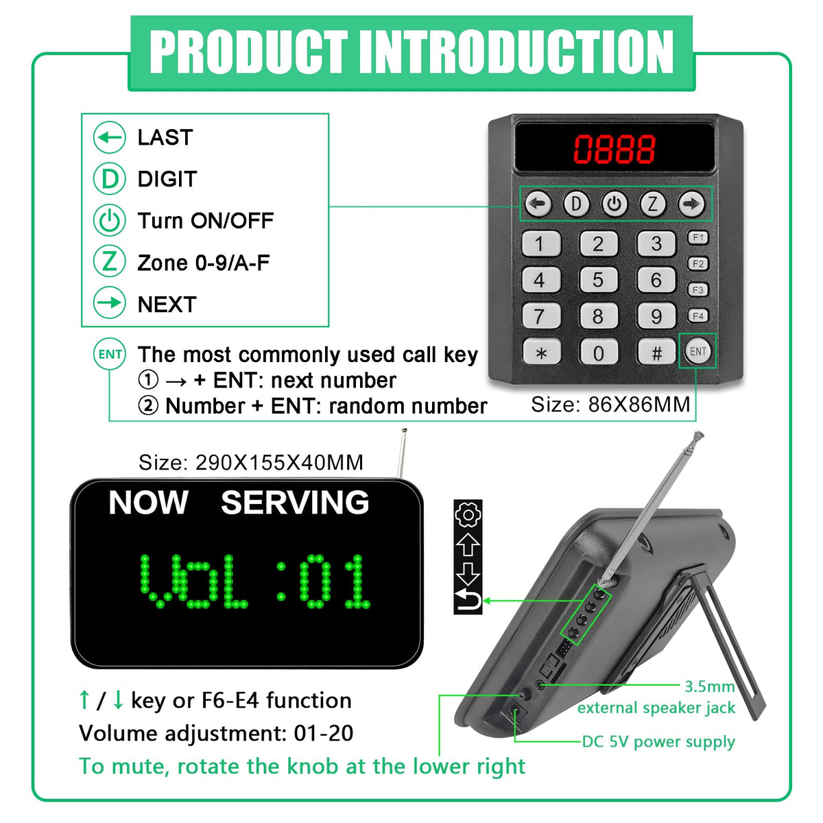 3-Digit Customer Number System Wireless Queue Calling System with 1 Keypad Caller 2 Now Serving Screens Real-Time Display Green Ticket Number for Office Clinic Bank Waiting Line Management